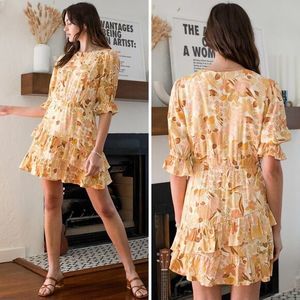 Lost + Wander Sorrento Yellow Multi Floral Print Tiered Mini Dress,‎ size L